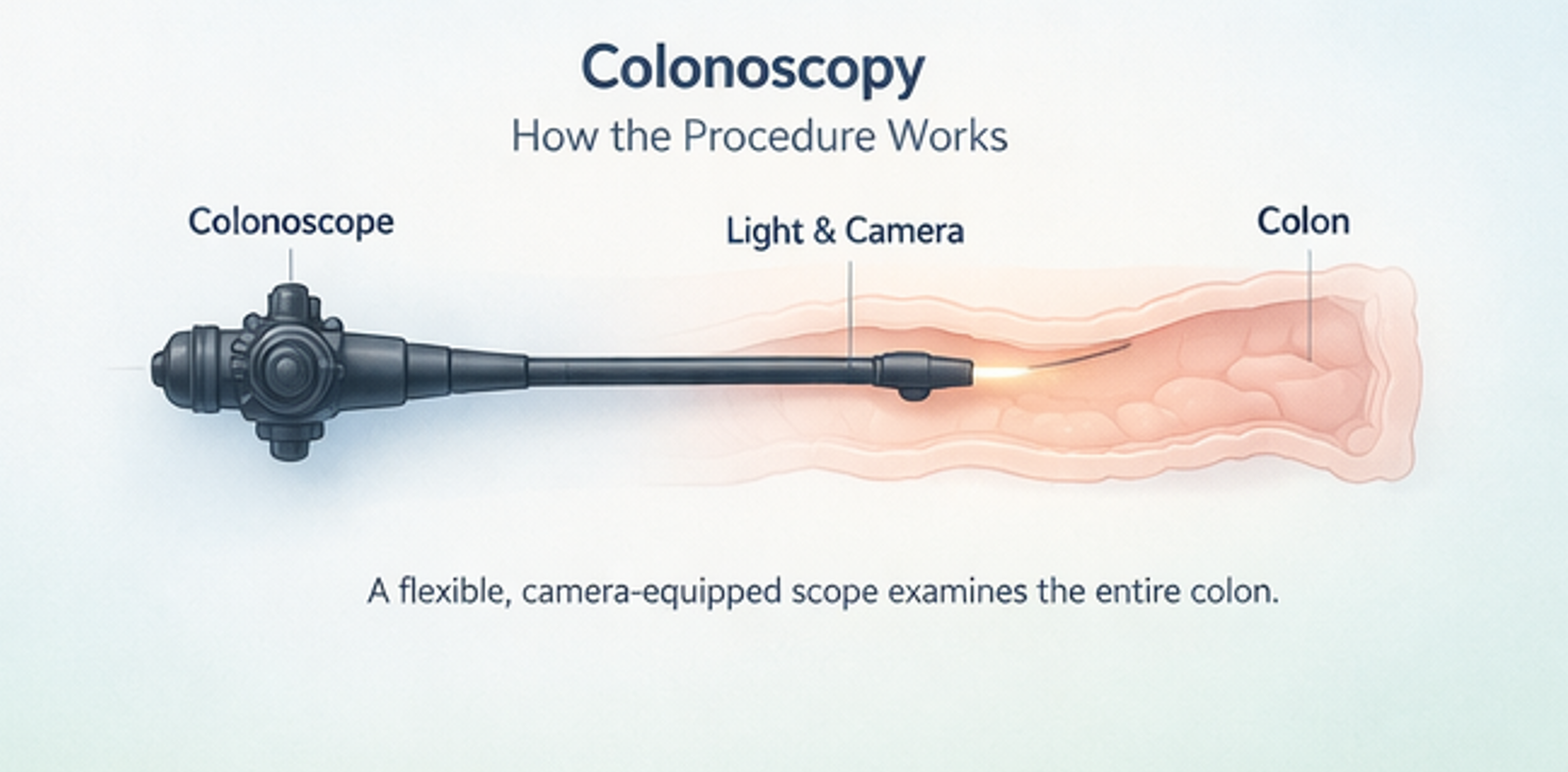 Diagram showing how a flexible, camera-equipped scope examines the entire colon during a colonoscopy, with labels for the colonoscope, light and camera, and colon.