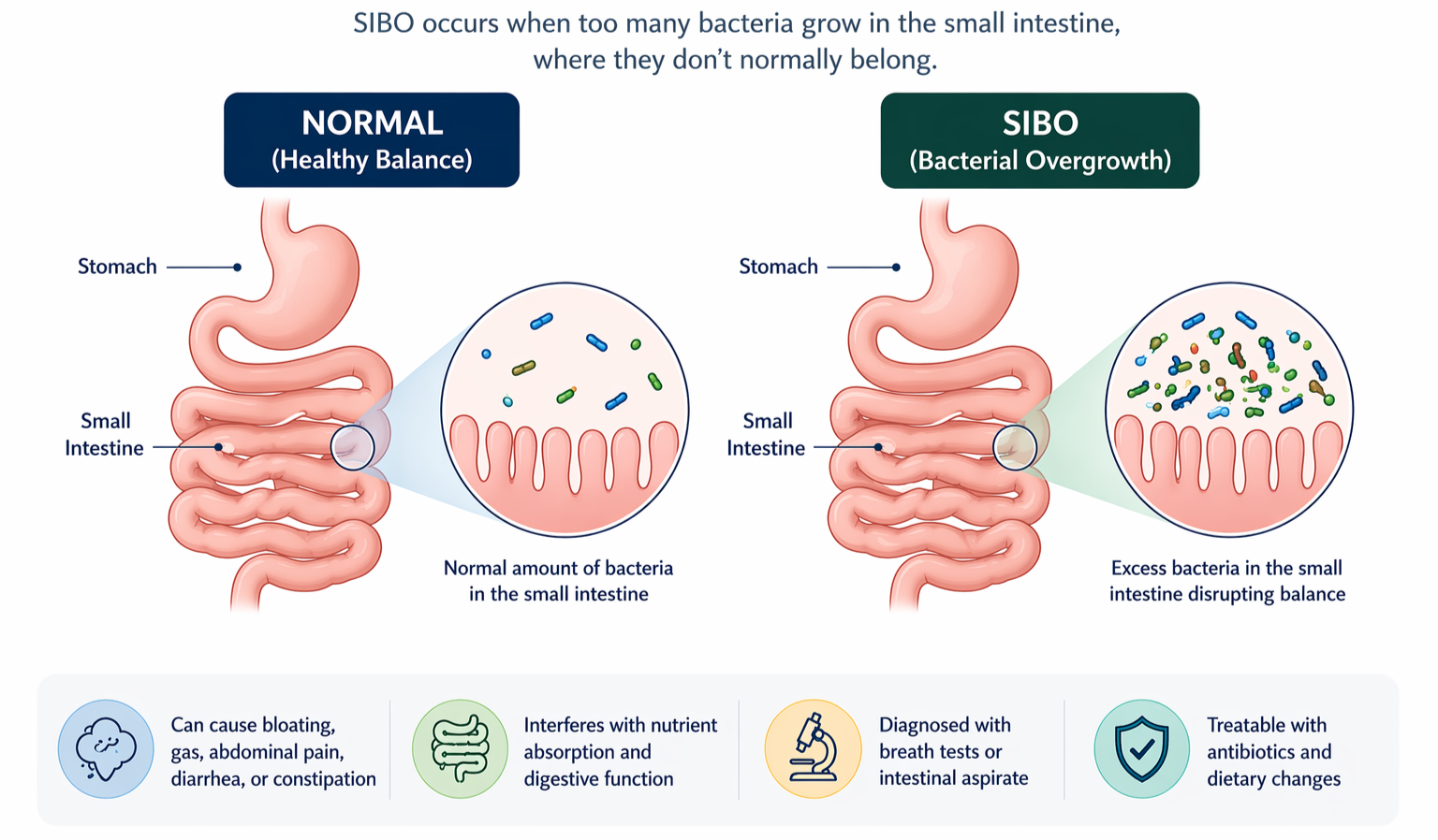 Diagram comparing normal gut bacteria balance with excess bacteria due to SIBO, showing digestion and health impacts.
