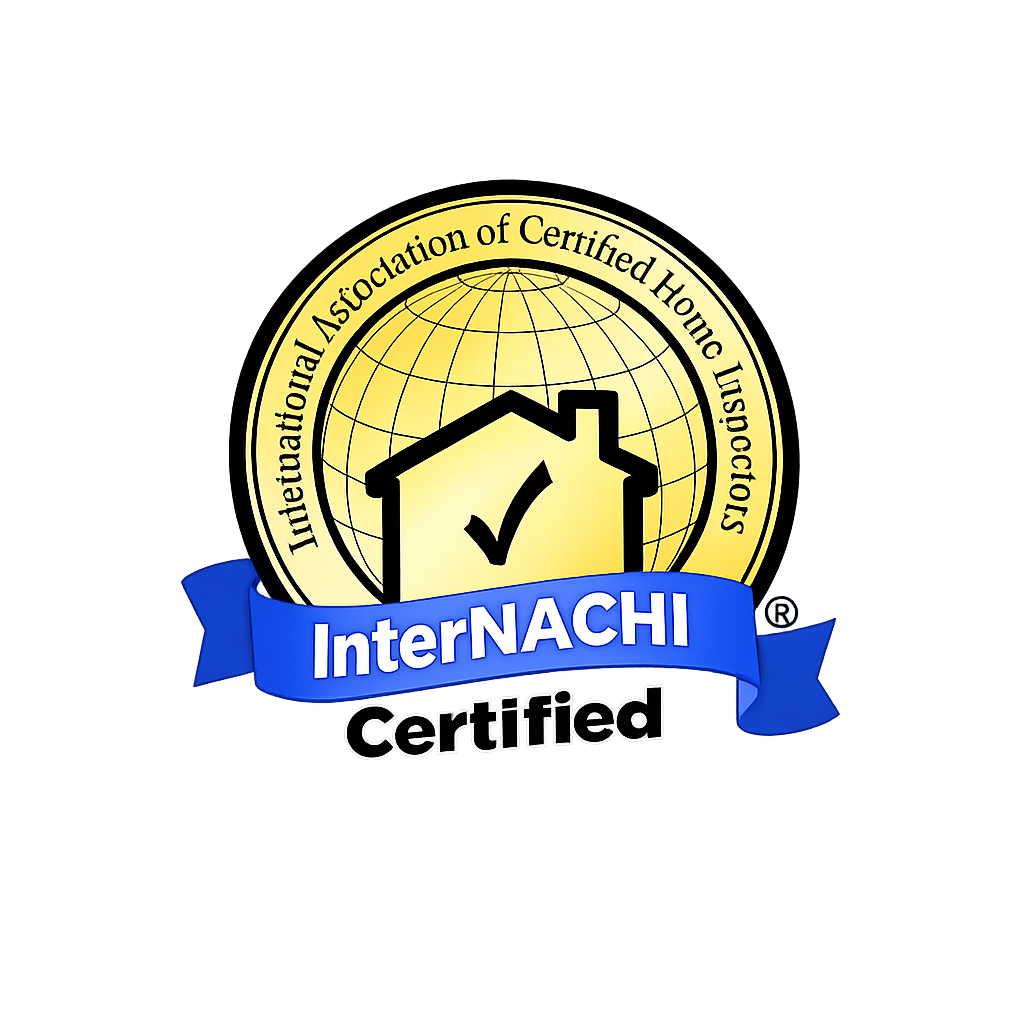 A certification badge from the International Association of Certified Home Inspectors with a golf-themed logo, featuring a house with a check mark, and labeled "InterNACHI Certified."