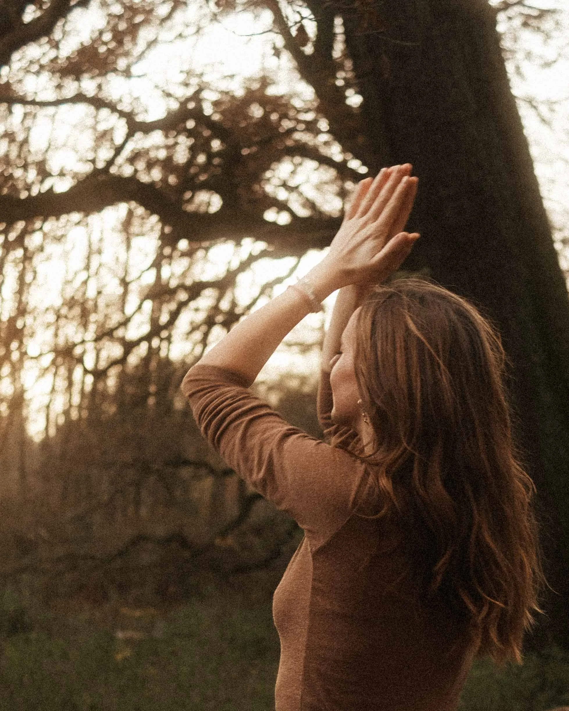 Frau mit braunen Haaren in einem Alltagsoutfit steht im Freien bei Sonnenuntergang, hebt die Hände und berührt einen Baum.
