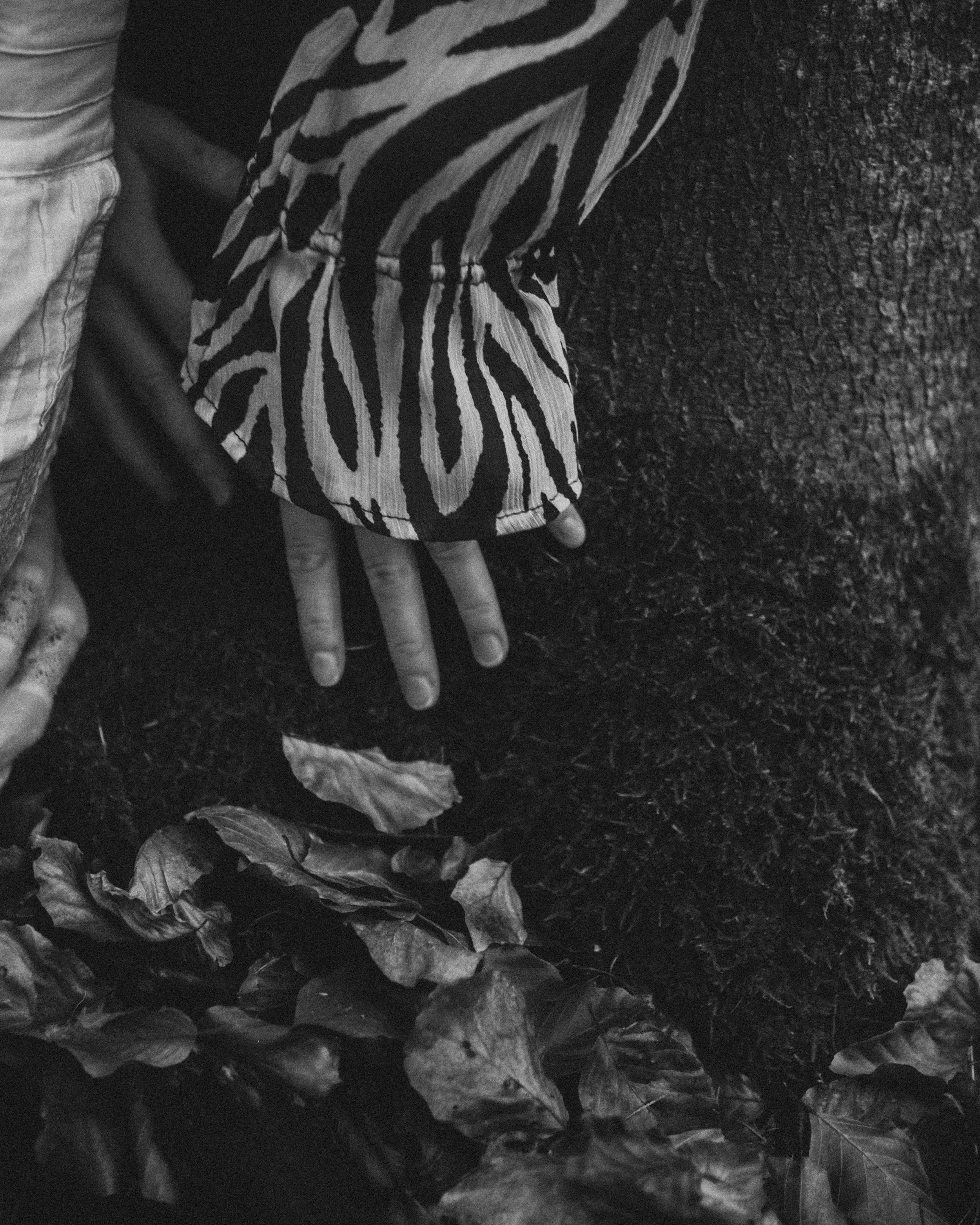 Nahaufnahme einer Hand, die auf den Boden neben einem Baumstamm und trockenen Blättern zeigt, mit einer Person in gestreiftem Kleid im Hintergrund.