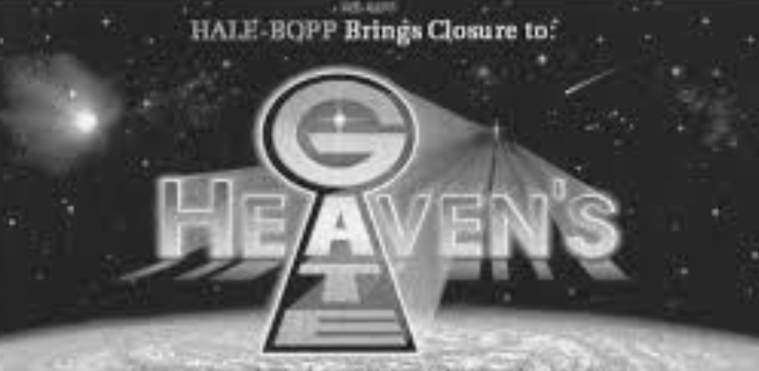 Black and white illustration featuring the words 'Hare-Bopp brings closure to' above a large logo resembling the letter 'G' with an arrow pointing downward, set against a starry space background with planets and celestial objects.