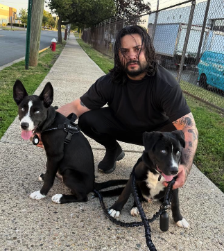 A man with long hair squatting on a sidewalk holding two dogs on leashes, with a chain-link fence, blue vehicle, and trees in the background.