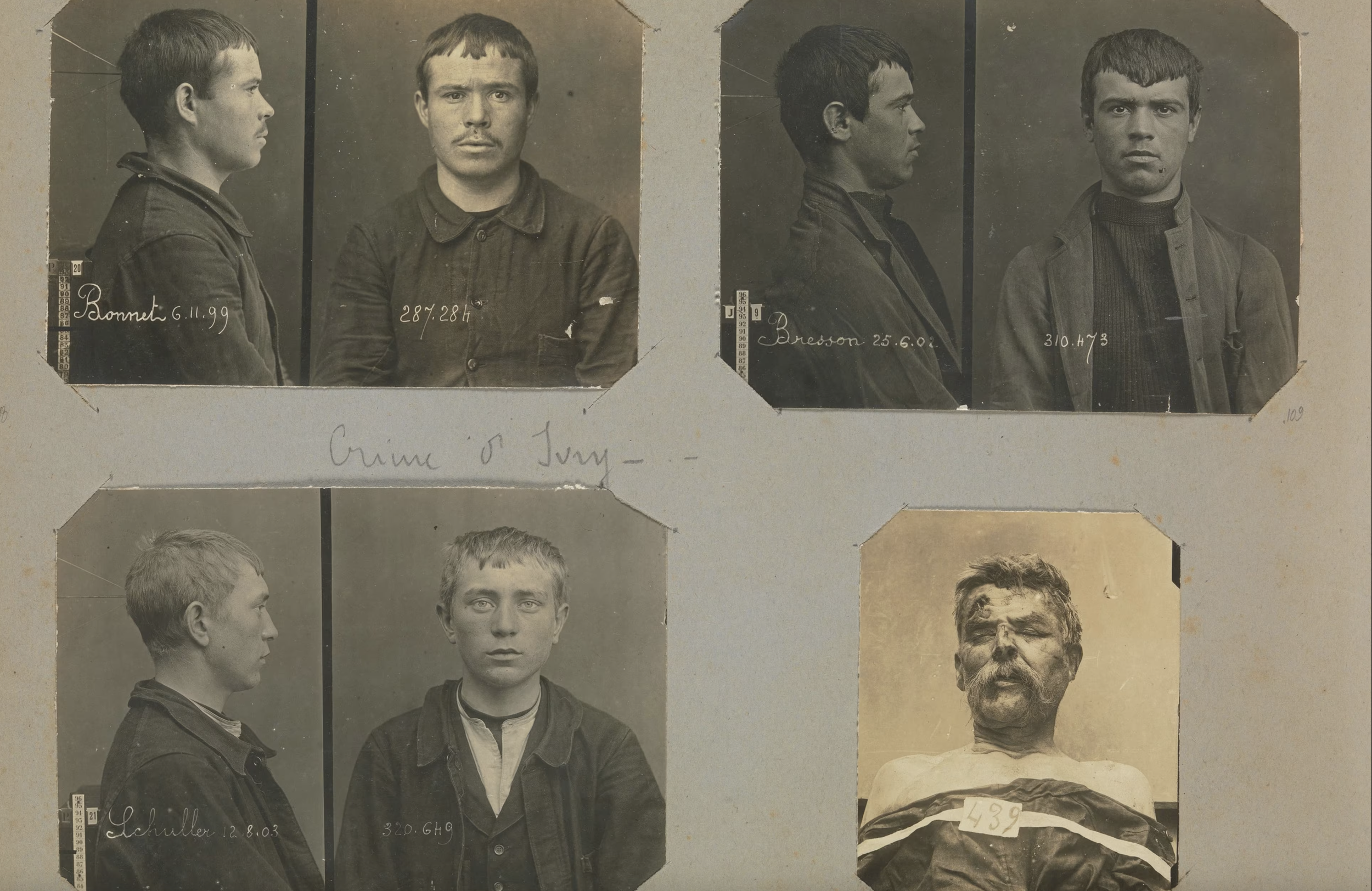 Historical mugshot photographs of five men, with handwritten names and dates, arranged in a collage on a beige background. The men are in black and white, with each image showing front and side profiles. The names include Barnett, Bresson, and Schulz, and the date 1907 appears on some images. There is handwritten text in the center reading "Crime o' Joy."