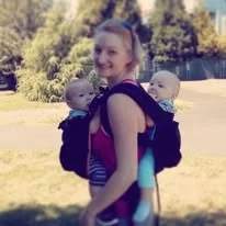 Krislyn Mulargia twin mom tandem wearing babies