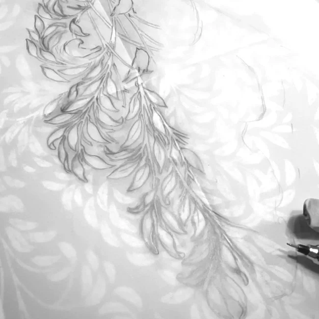 Pencil sketch of a botanical pattern repeat in early development for a surface pattern design collection.