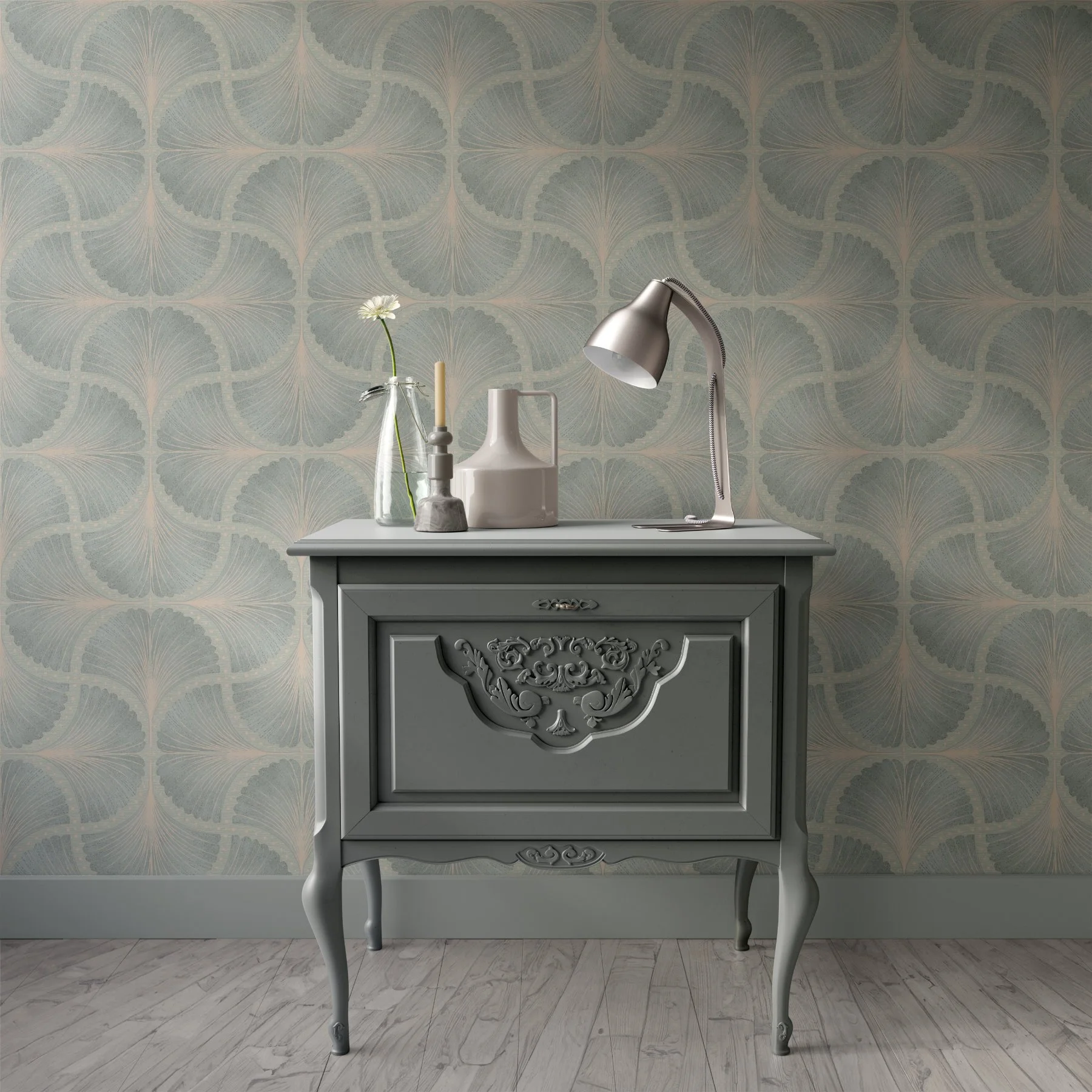 Interior with ginkgo elegance wallpaper from Victorian Sage Garden collection by Wild Geranium Design - Alla Solo