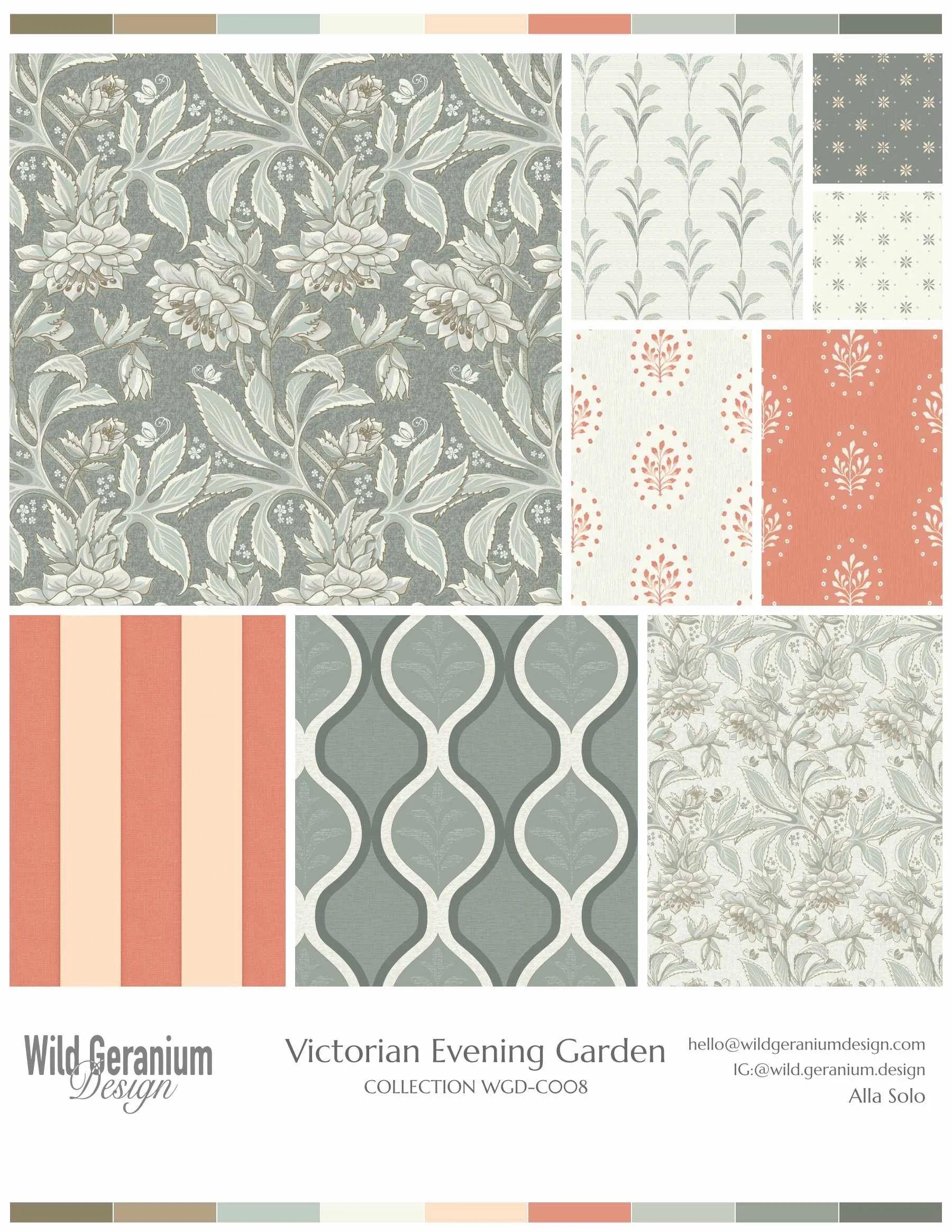 Collection of wallpaper patterns with floral and botanical designs in muted pastel shades of green, cream, peach, and coral, featuring Victorian and garden-inspired motifs.