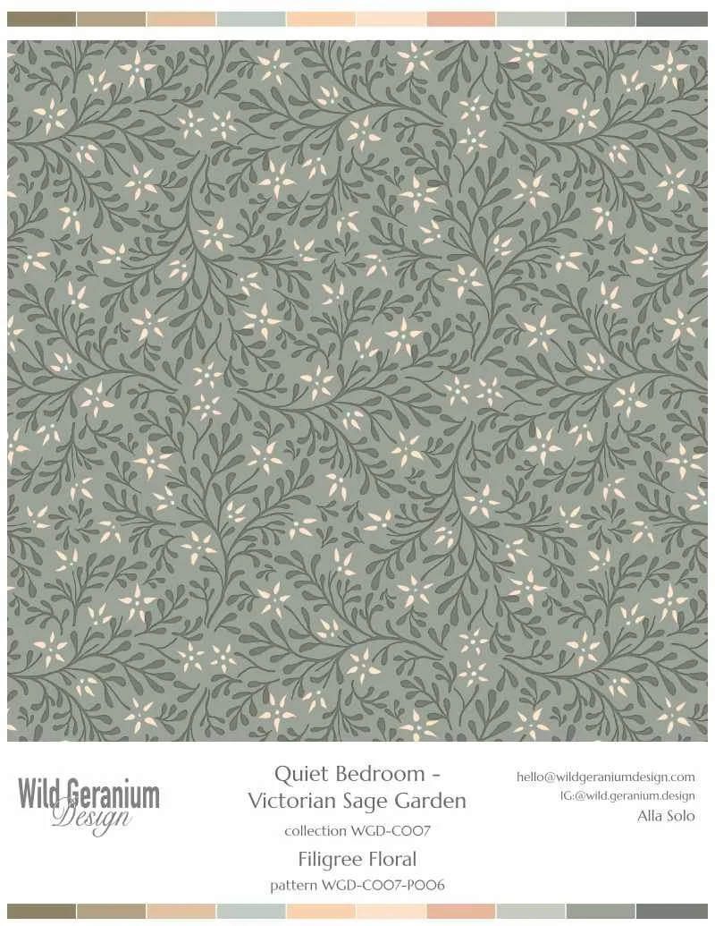 A fabric pattern with a Victorian sage garden theme, featuring green leafy vines and small white flowers. Designed by Wild Geranium Design.