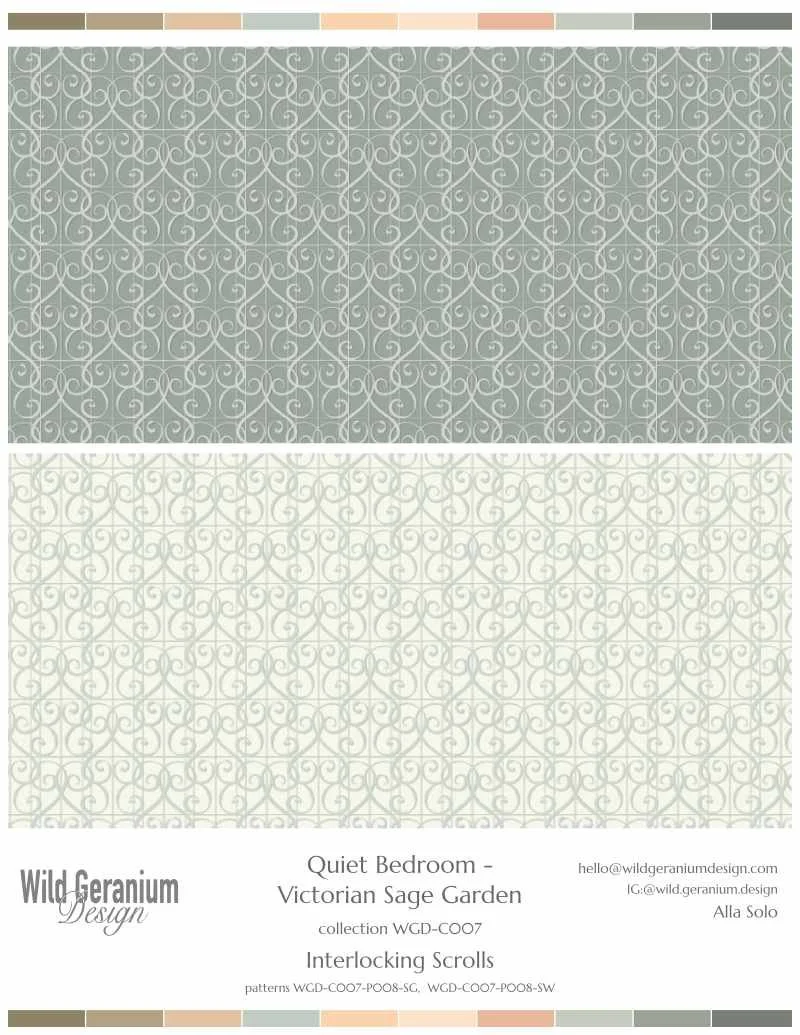 Two squares of interlocking scroll pattern wallpaper, one in muted gray and the other in light cream. The design is used for a quiet bedroom with a Victorian sage garden theme, from Wild Geranium Design.