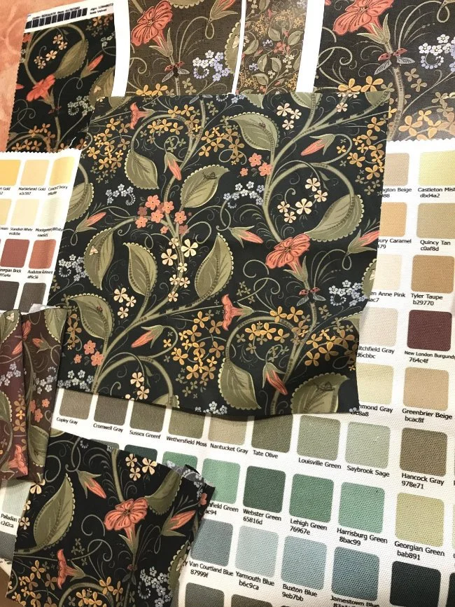 Pattern color swatches and fabric samples used to develop coordinated surface pattern collections for textiles and wallpaper.