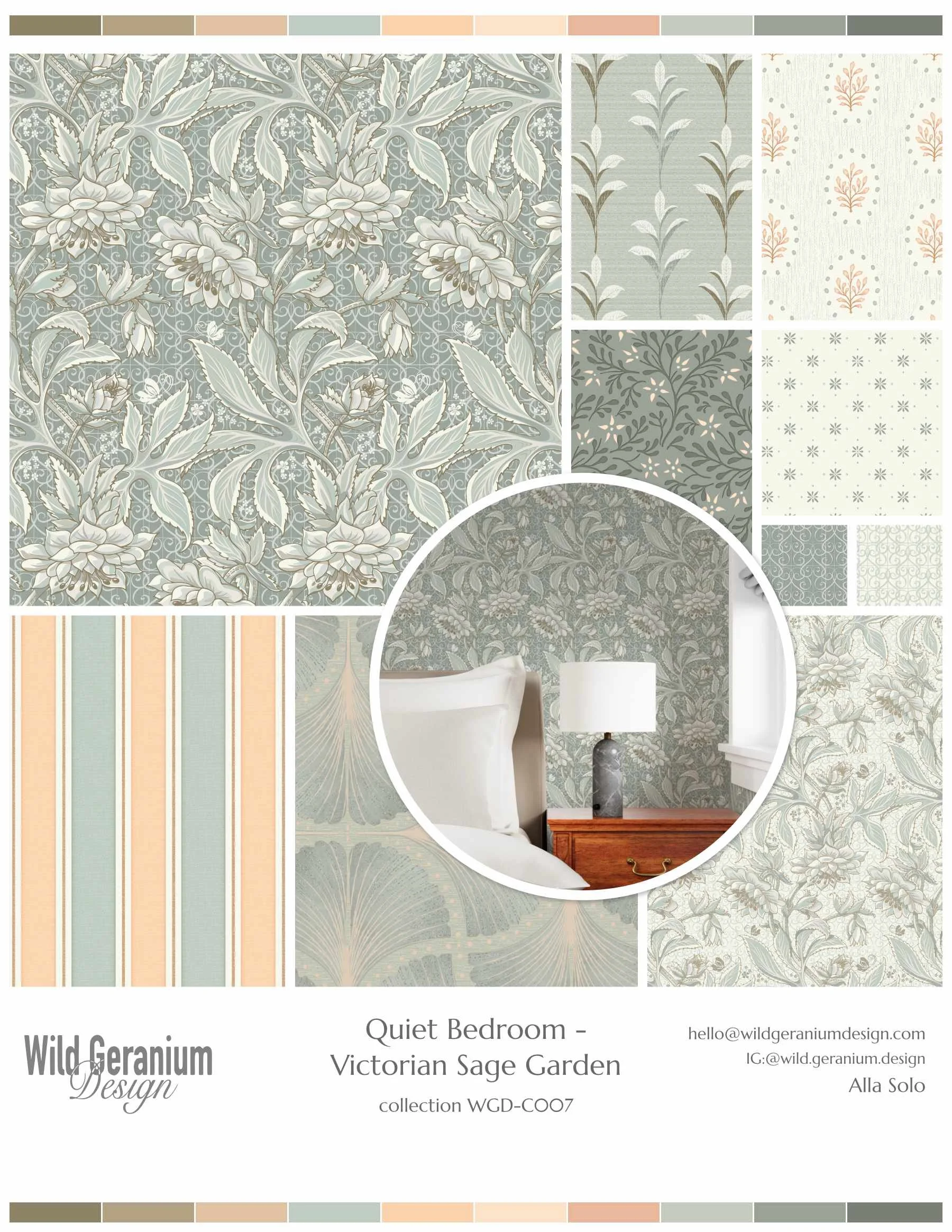 Quiet Bedroom Victorian Sage Garden pattern collection with vintage florals and soft geometrics in Victorian style, surface pattern design by Wild Geranium Design