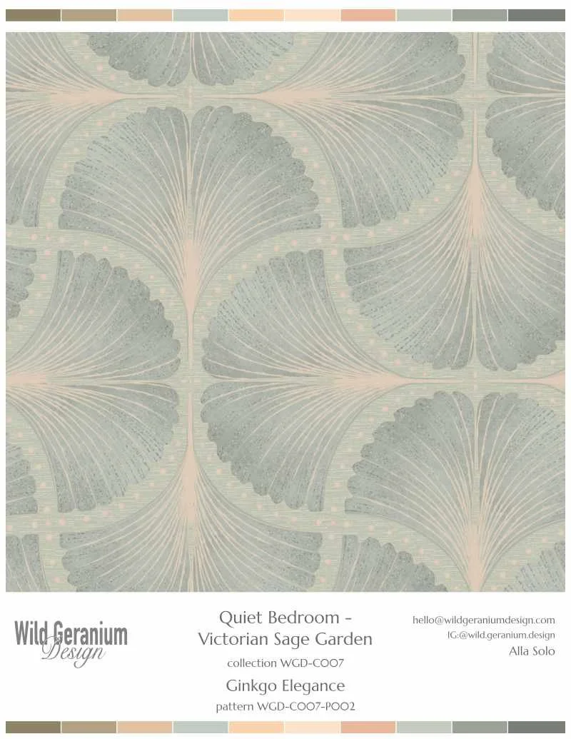 Pattern featuring large, symmetrical leaf motifs in soft, muted tones by Wild Geranium Design.