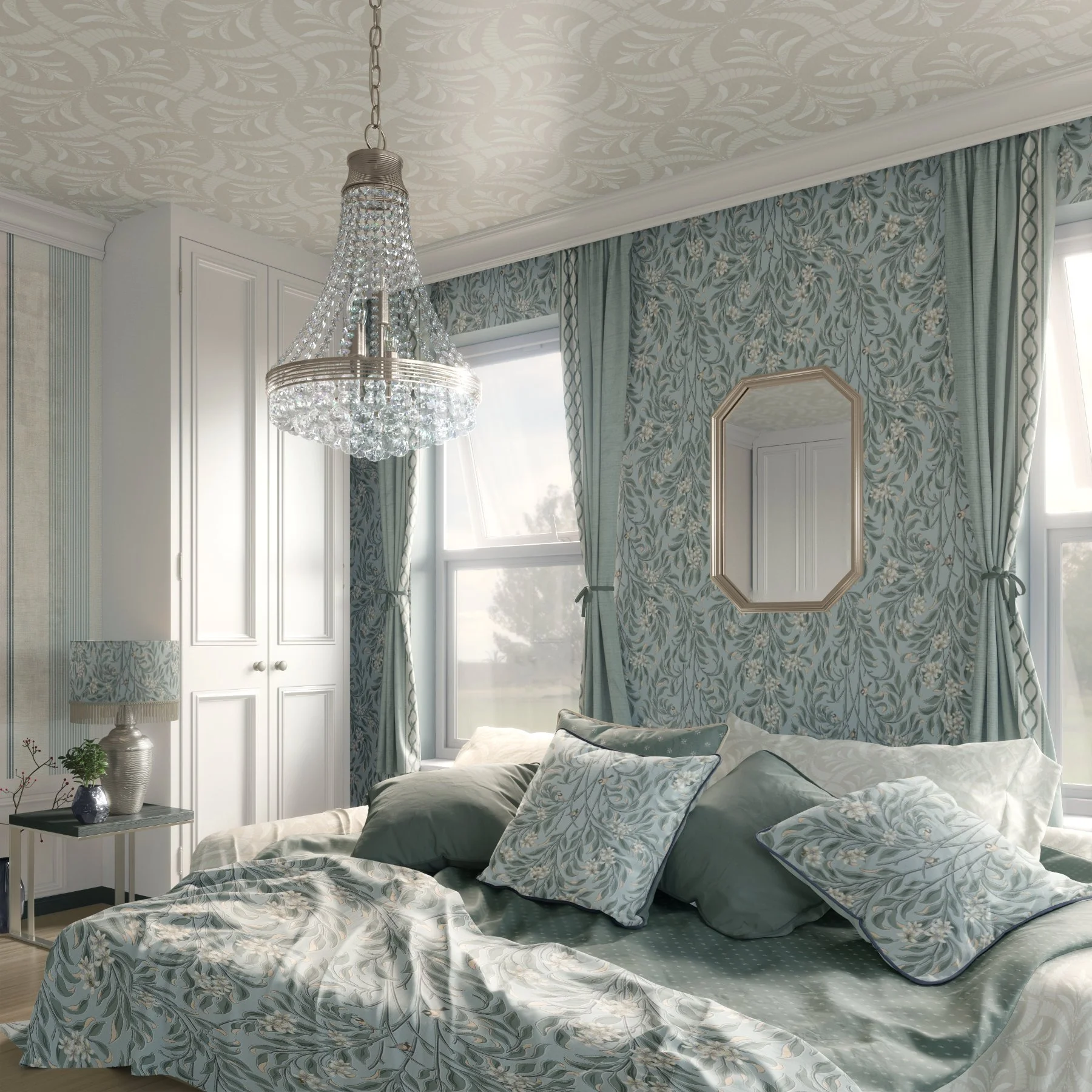 Victorian-inspired botanicals, flowing ornament, and timeless stripes in blue and sage green.