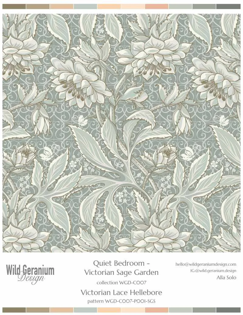 Victorian lace pattern with sage green and beige floral design, featuring hellebores, leaves, and interwoven lace motifs.