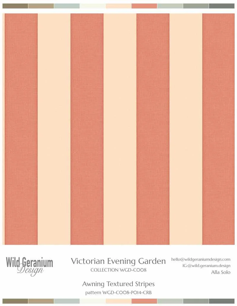 A wallpaper design with vertical awning stripes in coral and beige, by Wild Geranium Design.