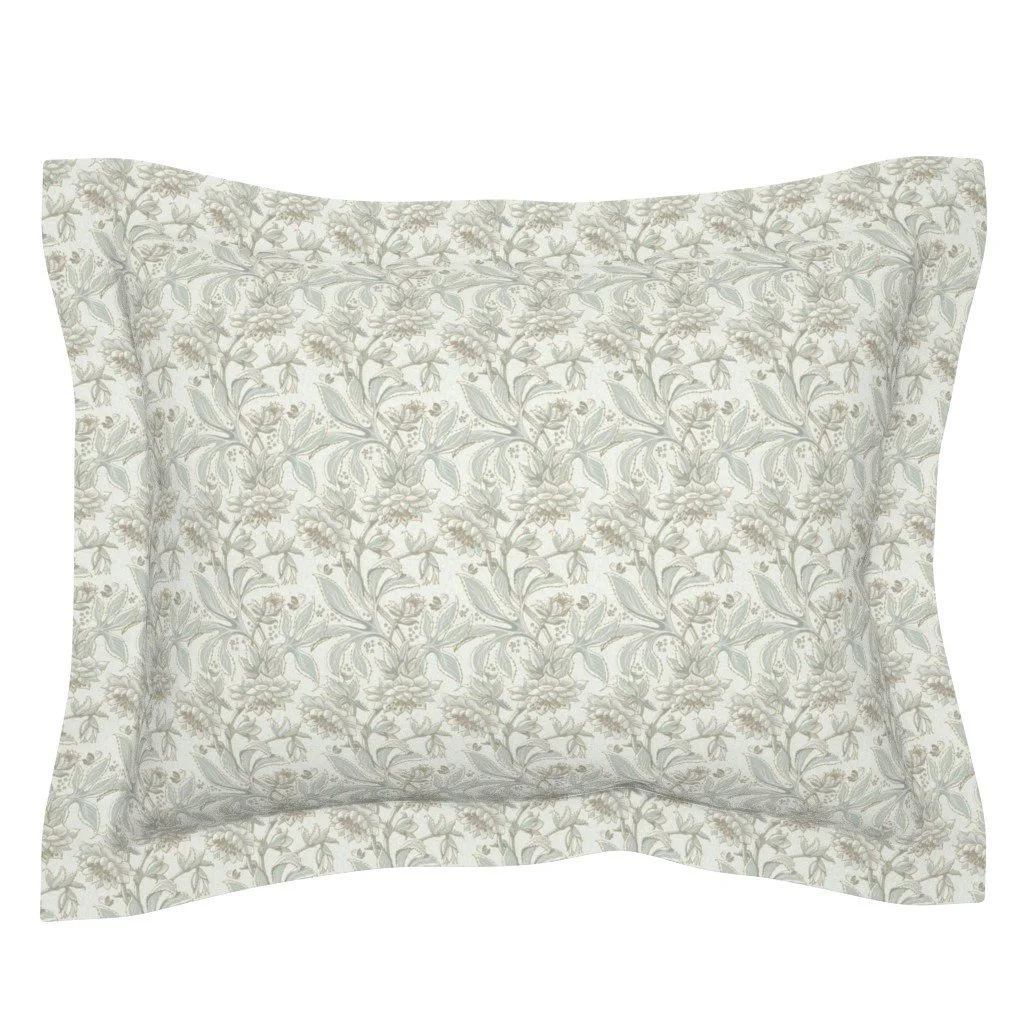 Light sage decorative pillow featuring Hellebore Garden floral pattern, from the Victorian Evening Garden collection by Wild Geranium Design.