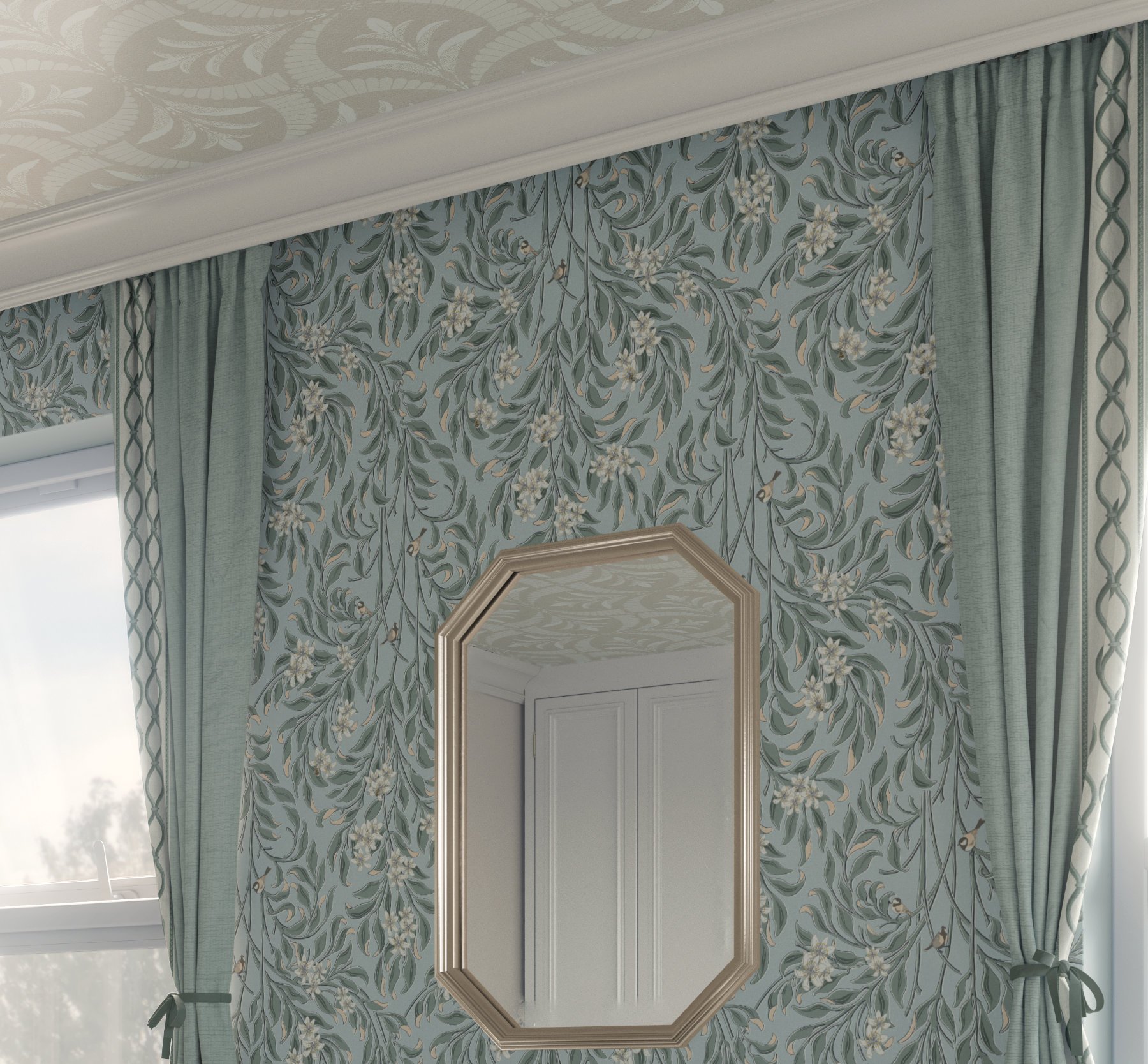 Blue botanical and ceiling wallpaper featuring Heirloom Sprig embroidery neutral two-directional pattern in cream and beige