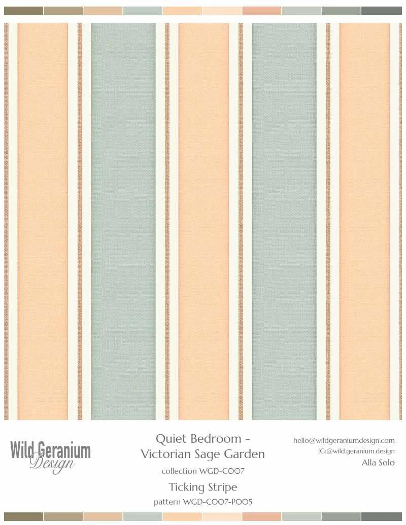 A wallpaper design with vertical ticking stripes in pastel colors of light orange, pale gray, and beige, with thin darker lines. Text at the bottom indicates it is  titled "Ticking Stripe" by Wild Geranium Design.
