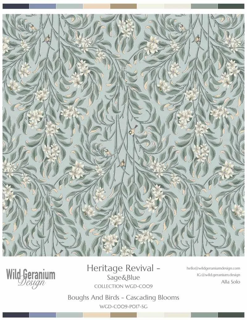 Boughs And Birds - Cascading Blooms is a pattern of flowing branches with leaves and white flowers, on a blue and sage background. Designed by Alla Solo, Wild Geranium Design for Heritage Revival - Sage & Blue pattern collection.