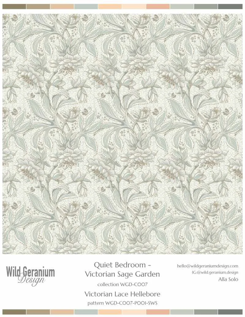Pattern of Victorian lace with hellebore garden motifs in soft pastel colors by Wild Geranium Design.