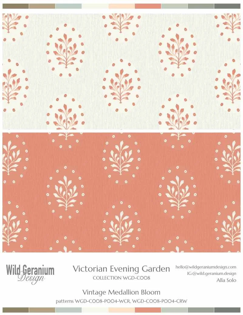 Preview of Vintage Medallion Bloom pattern featuring floral motifs in pink and cream colors, from the Victorian Evening Garden collection by Wild Geranium Design.