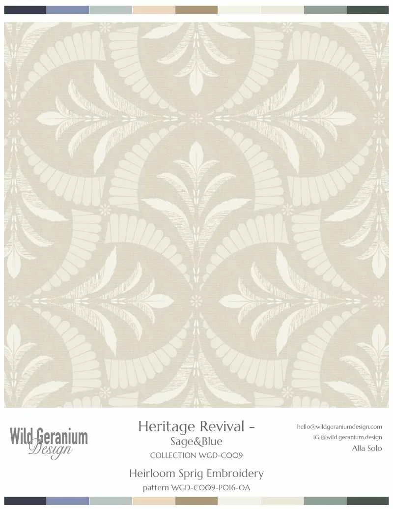 Heirloom Sprig Embroidery is a two-directional surface pattern featuring a lightweight botanical design in shades of sage and blue, part of the Heritage Revival collection by Alla Solo, Wild Geranium Design.