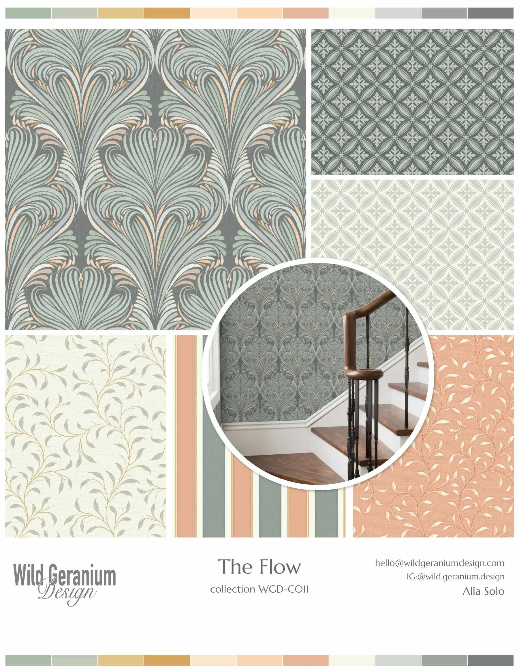 The Flow pattern collection with flowing botanicals and soft geometrics in organic style, surface pattern design by Wild Geranium Design