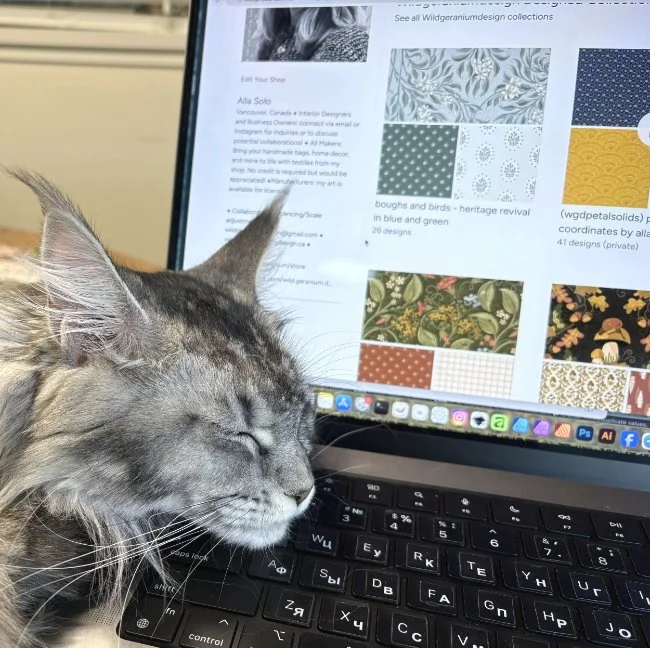 Studio workspace with surface pattern design work on screen and a Maine Coon cat resting nearby.