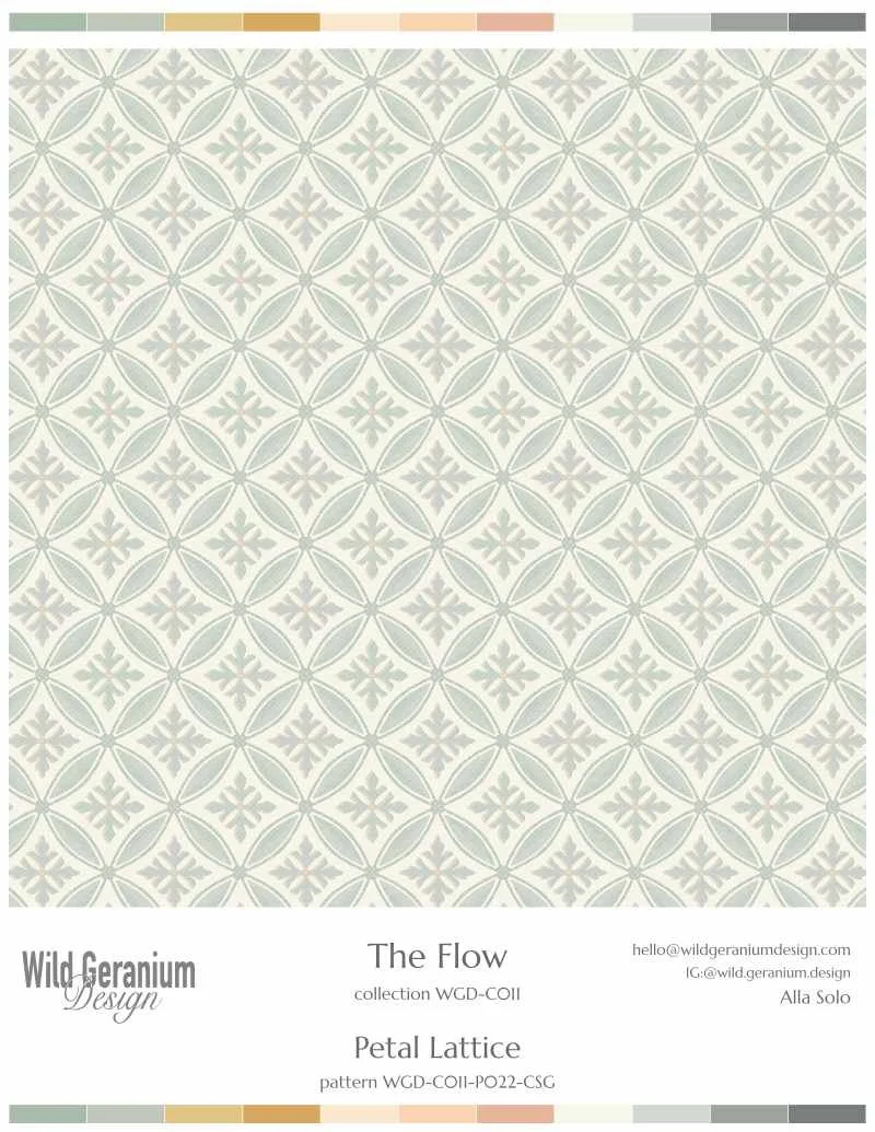 A repeating floral lattice pattern with overlapping petal-shaped elements and star-like motifs, in muted pastel shades of green, pink, beige, and gray. Petal Lattice is a part of the 'The Flow' collection by Alla Solo, Wild Geranium Design.
