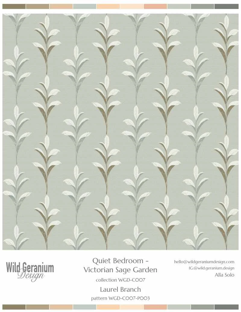 Pattern of Laurel Branches with leaves on a soft grey-green background, Victorian sage garden theme by Wild Geranium Design..