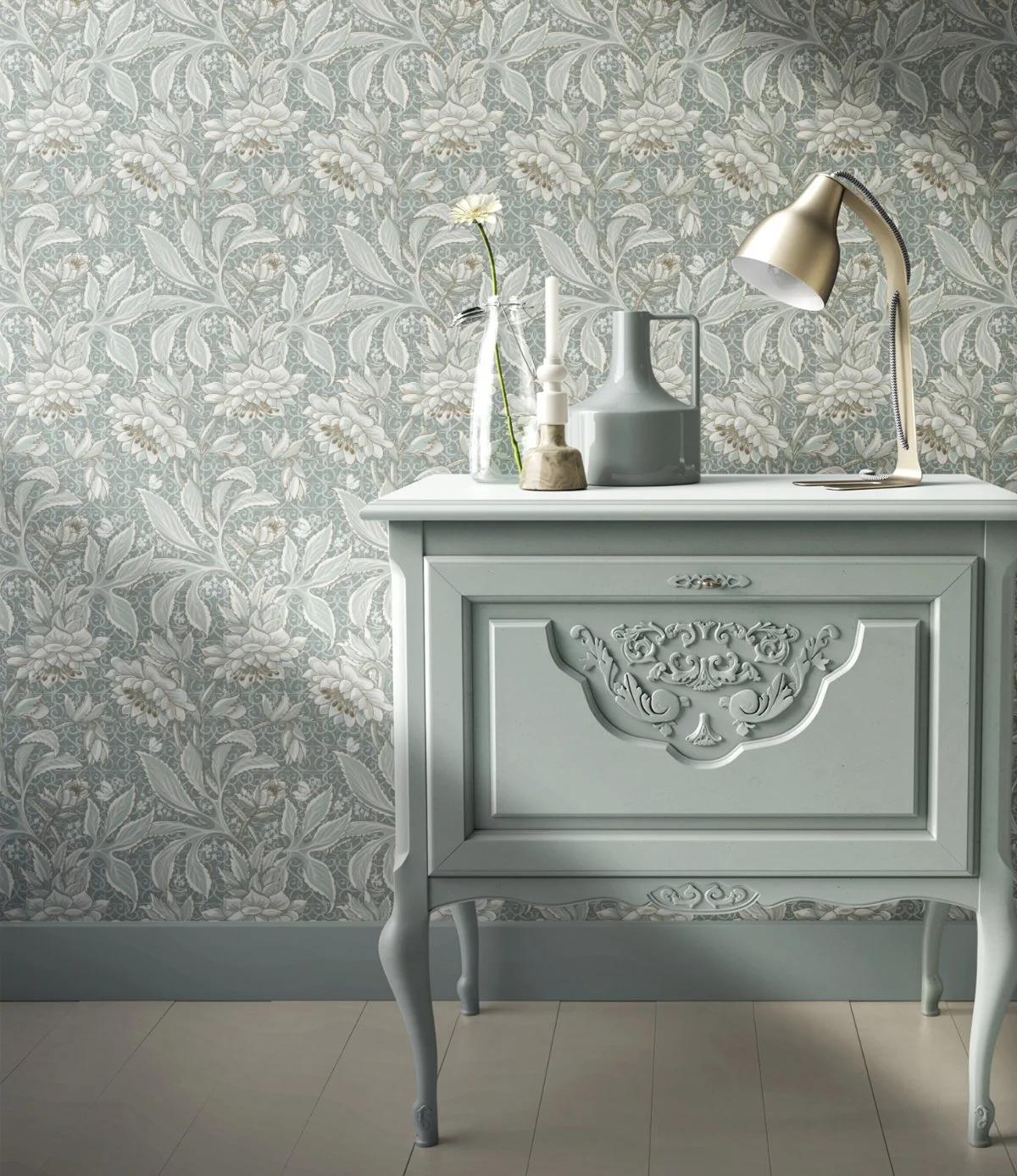 Heritage-inspired botanical wallpaper design by Wild Geranium Design shown in a styled interior setting.