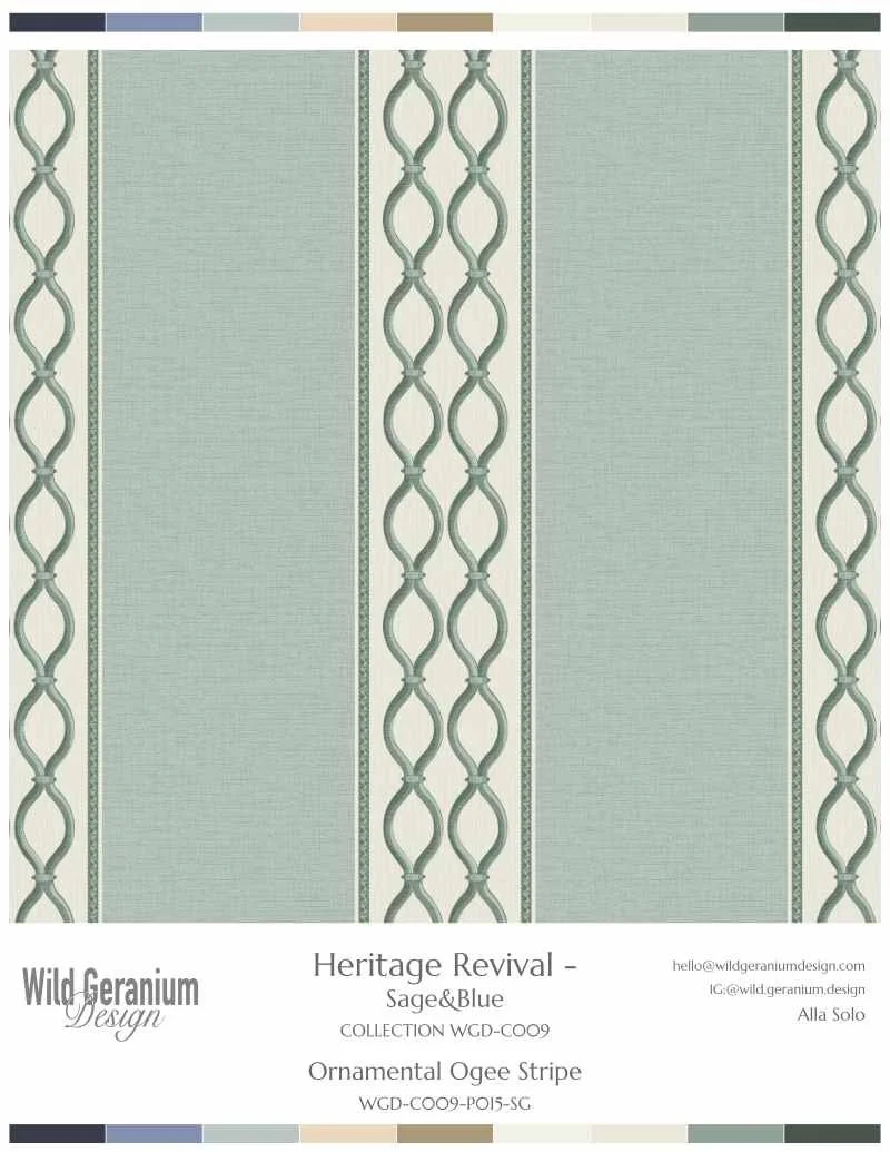 Ornamental Ogee Stripe is a pattern of vertical stripes with wavy lines and solid bands with textile texture in shades of sage and blue. Designed by Alla Solo, Wild Geranium Design for Heritage Revival - Sage & Blue pattern collection.