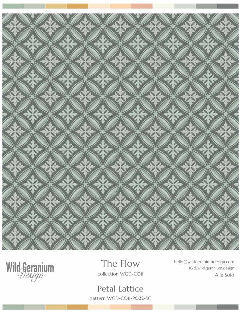 Petal Lattice is pattern in shades of sage gray and off-white, a part of the 'The Flow' collection by Alla Solo, Wild Geranium Design.