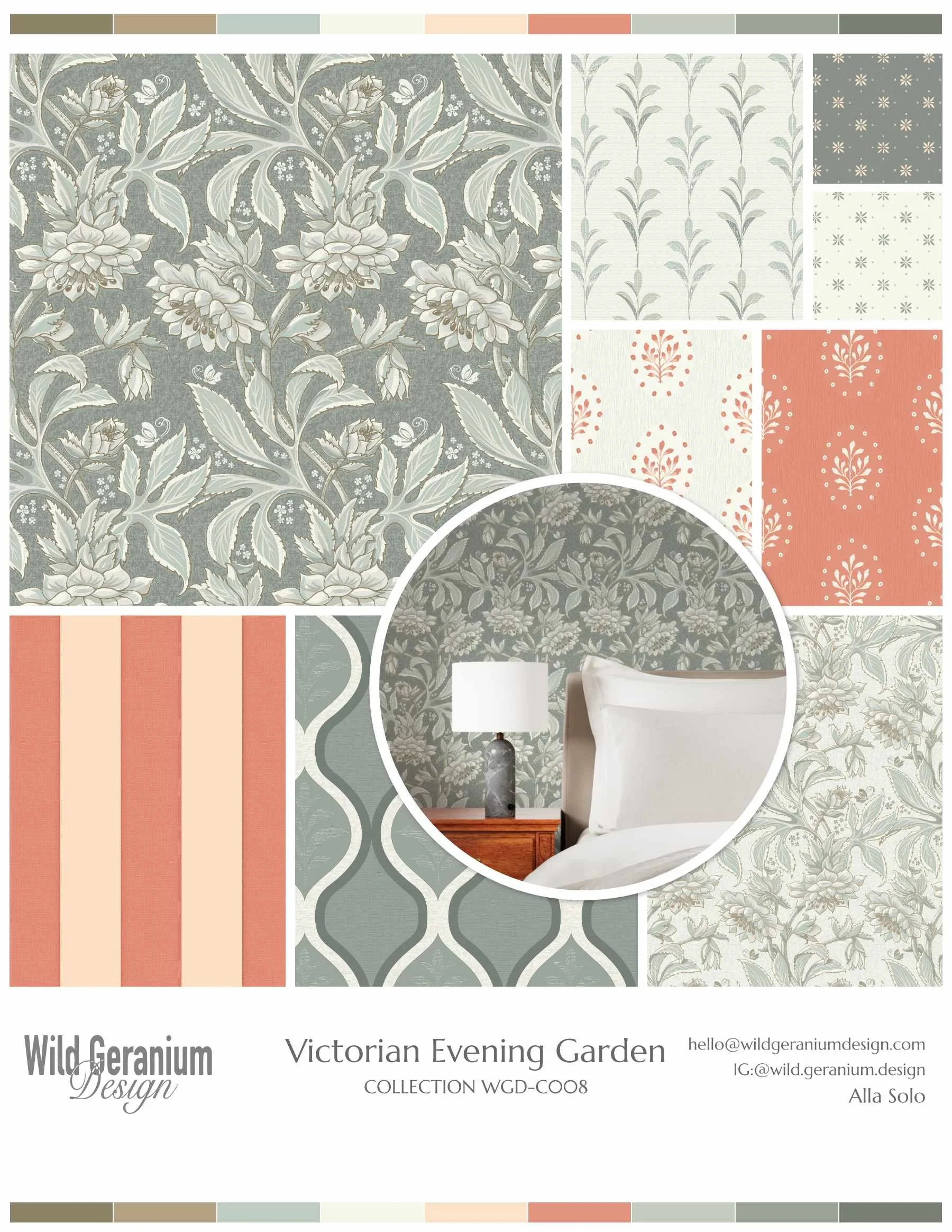 Bedroom Victorian Evening Garden pattern collection with vintage florals and soft geometrics in Victorian style, surface pattern design by Wild Geranium Design