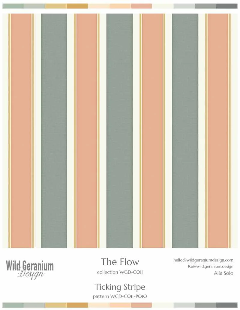 Pattern with vertical stripes in muted green, peach, beige, and cream colors, titled "The Flow" from Wild Geranium Design, collection WGD-COII, designed by Alla Solo.