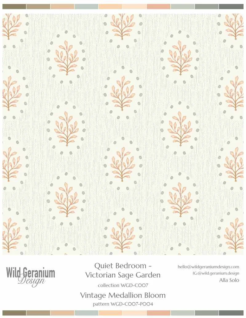 Pattern of soft beige medallions with pink floral motifs on a light background, resembling vintage Victorian wallpaper. Designed by Wild Geranium Design.