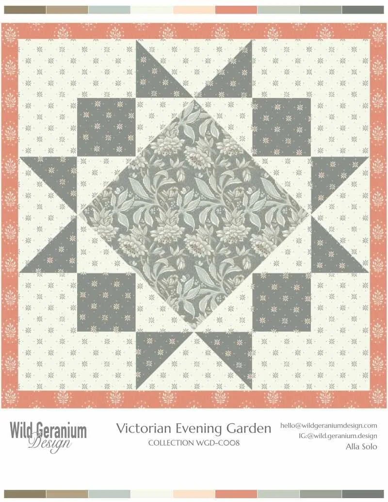 A quilt block design named 'Victorian Evening Garden' with a central floral pattern, surrounded by various geometric shapes, and a decorative border with a floral star motif.