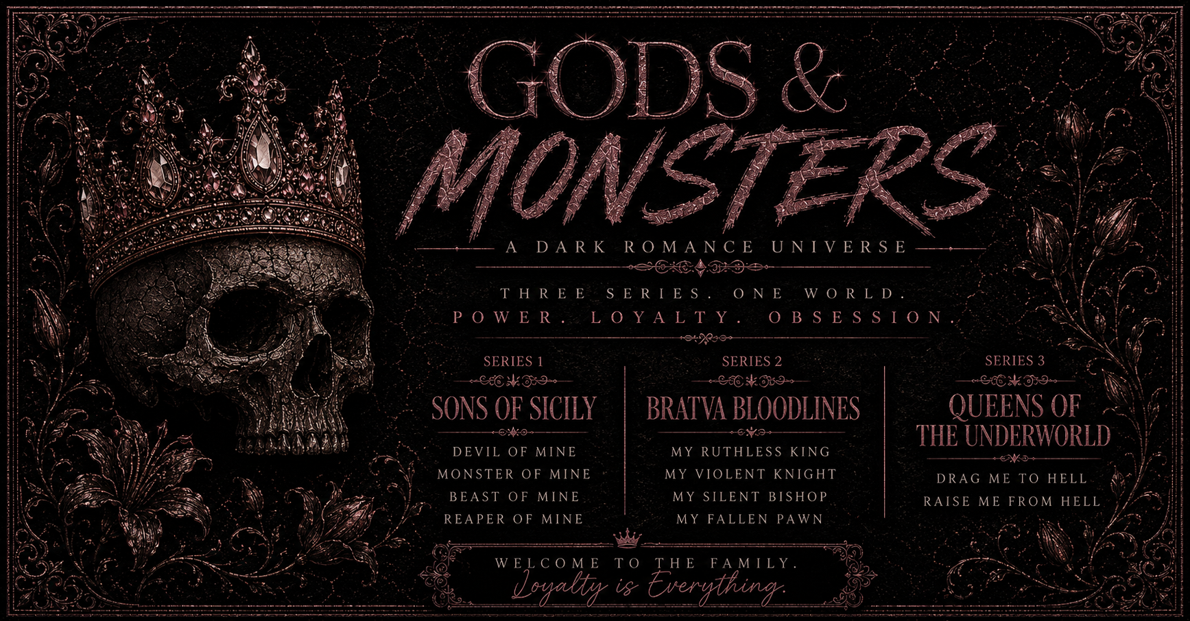 Dark fantasy themed poster for 'Gods & Monsters' series featuring a skull with a jeweled crown, floral and decorative border in dark shades, with titles and descriptions of three series: sons of Sicily, bratva bloodlines, queens of the underworld, and their respective themes and song titles.