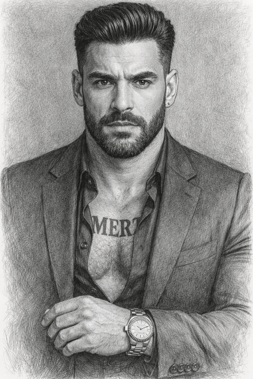 A detailed black and white pencil sketch of a man with styled hair, beard, and mustache, wearing a suit jacket over a partially unbuttoned shirt revealing a tattoo on his chest, a wristwatch, and an earring on his left ear.