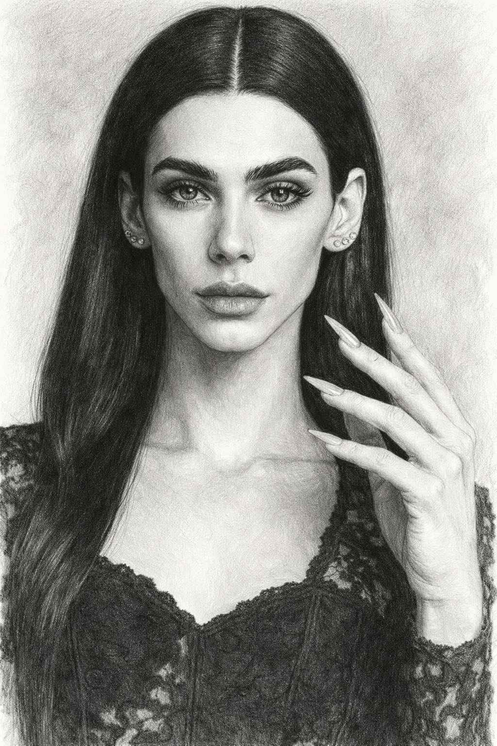 A detailed black-and-white pencil drawing of a young woman with long dark hair, piercing eyes, and well-defined features, wearing a lace top and jewelry, with her hand near her face.