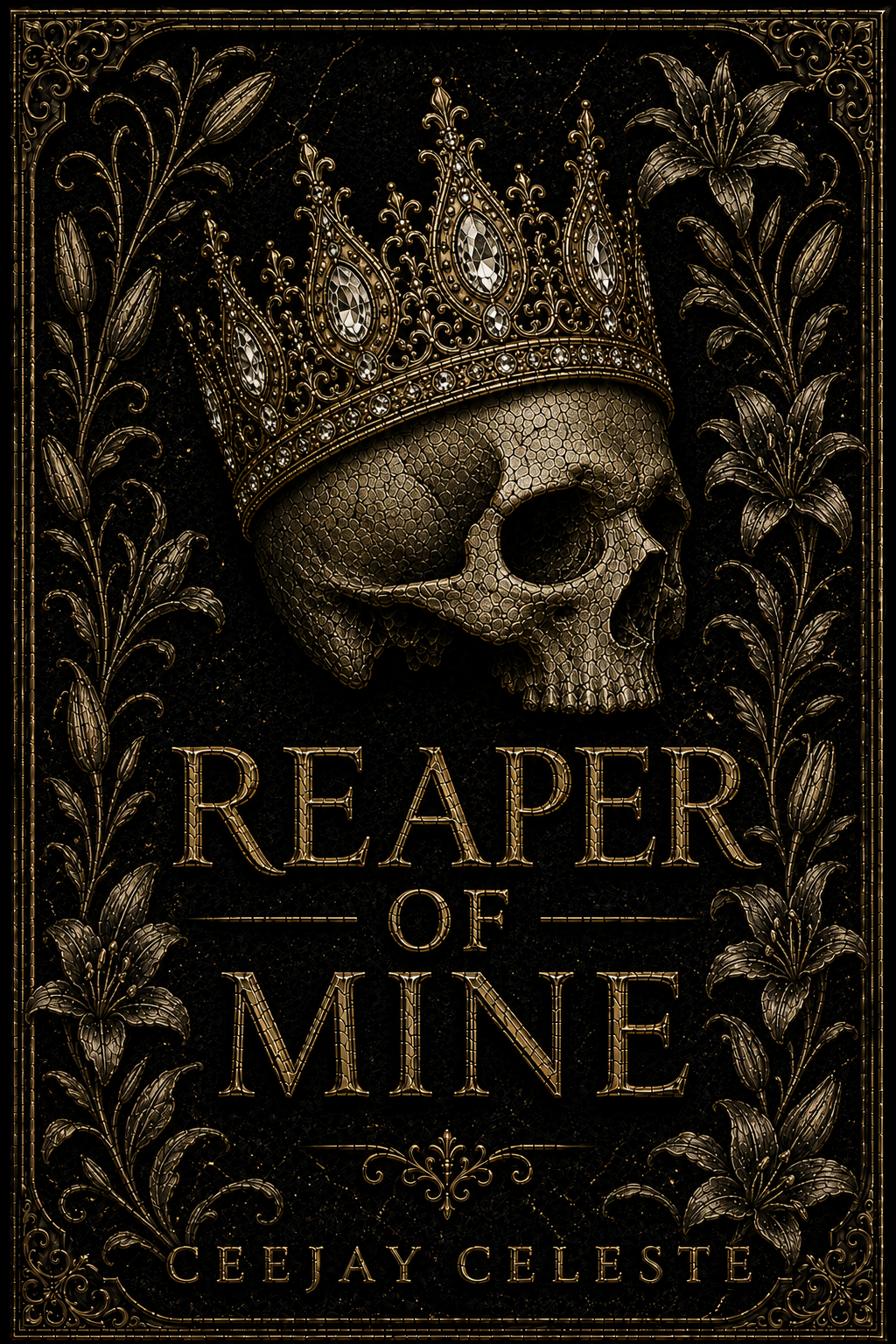 Book cover titled "Reaper of Mine" featuring a skull wearing a gold crown encrusted with jewels, surrounded by ornate floral decorations in gold on a black background.