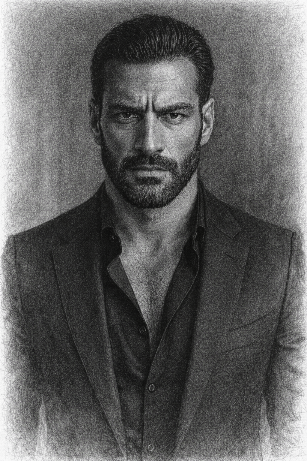 A black-and-white portrait of a man with dark hair and a beard, wearing a dark suit and a partially open shirt, looking serious.
