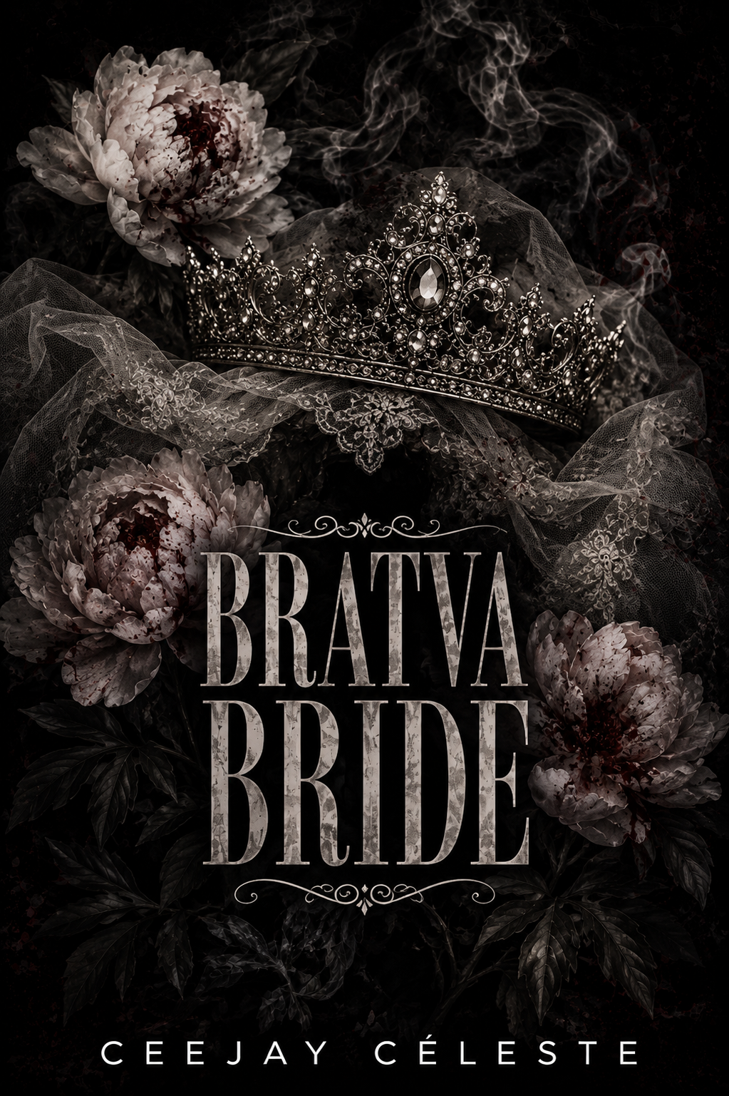A book cover for "Bratva Bride" by Ceejay Céleste. The cover features a silver tiara with gemstones, surrounded by dark flowers and lace, with a smoky background.
