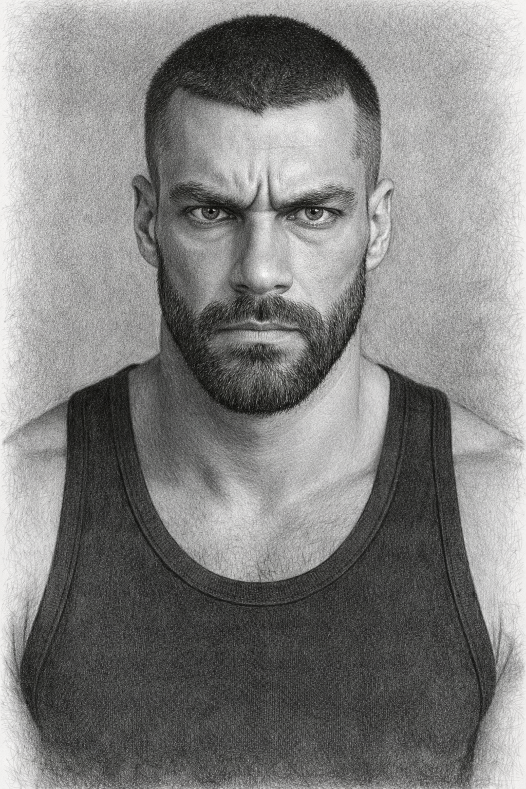 Black and white portrait of a man with a serious expression, short hair, and a beard, wearing a sleeveless shirt.