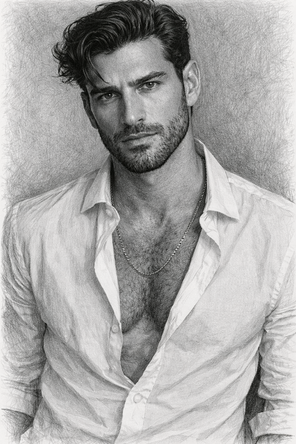 Black and white portrait of a young man with dark, wavy hair, a beard, wearing a partially unbuttoned white shirt with a chain necklace.