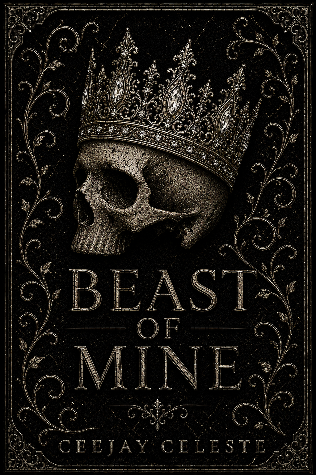 Dark, ornate book cover titled 'Beast of Mine' by CeeJay Celeste featuring a skull with a crown on top, decorated with intricate patterns and embellishments.