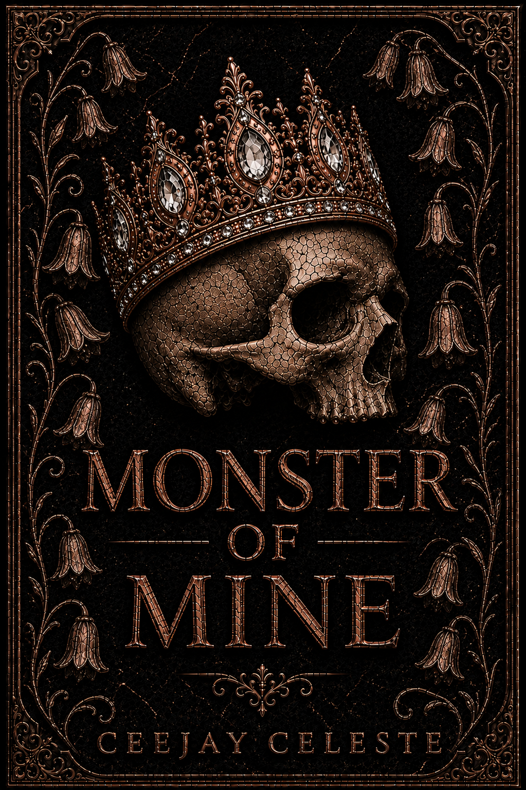 A book cover titled "Monster of Mine" featuring a skull wearing a jeweled crown, with ornate floral and decorative border design.