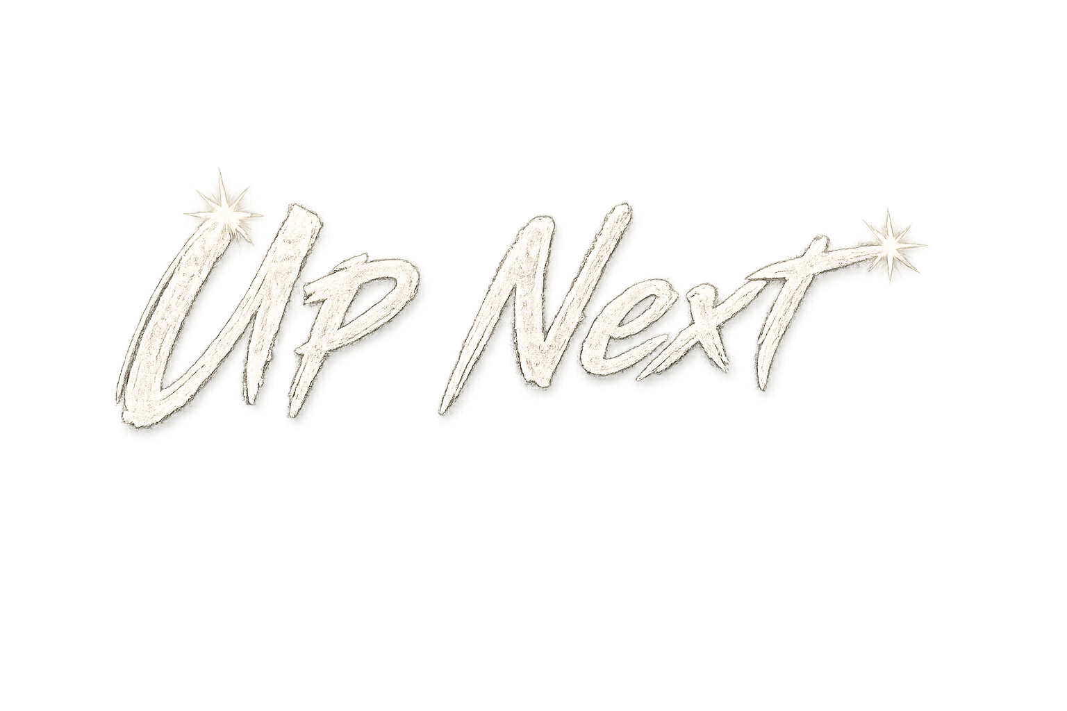 Text graphic that reads "Up Next" in a stylized font with a sparkling star on the top left and right corners, set against a dark background with neon purple and blue light streaks.