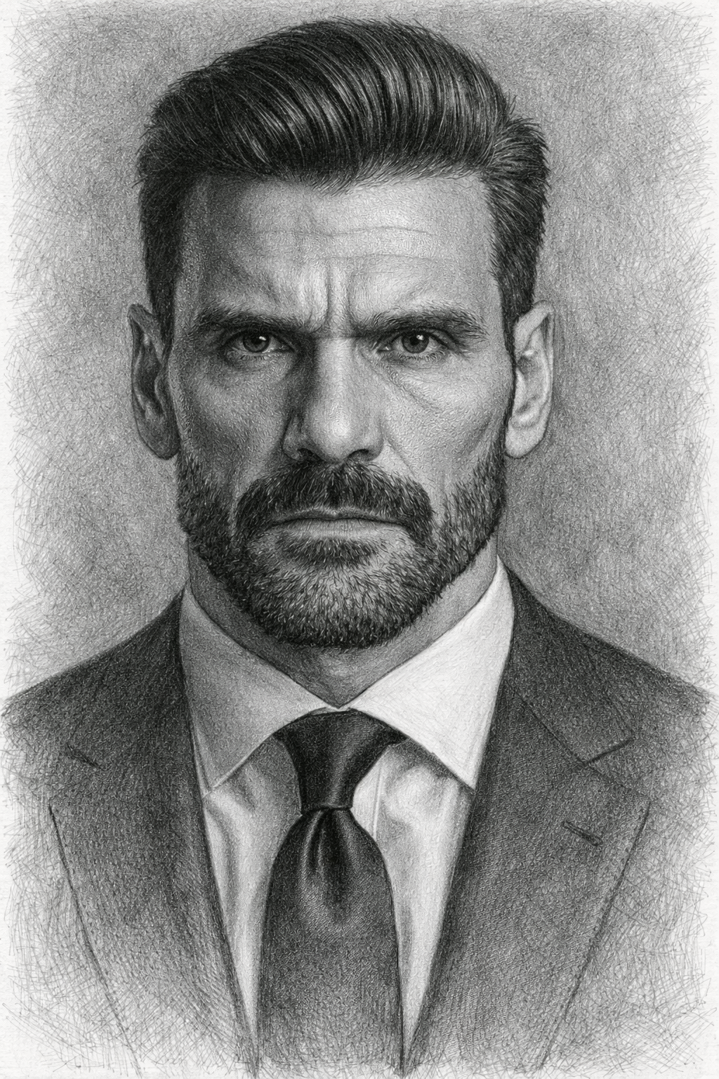 A realistic black-and-white portrait of a serious man with a beard and combed-back hair, dressed in a suit and tie.